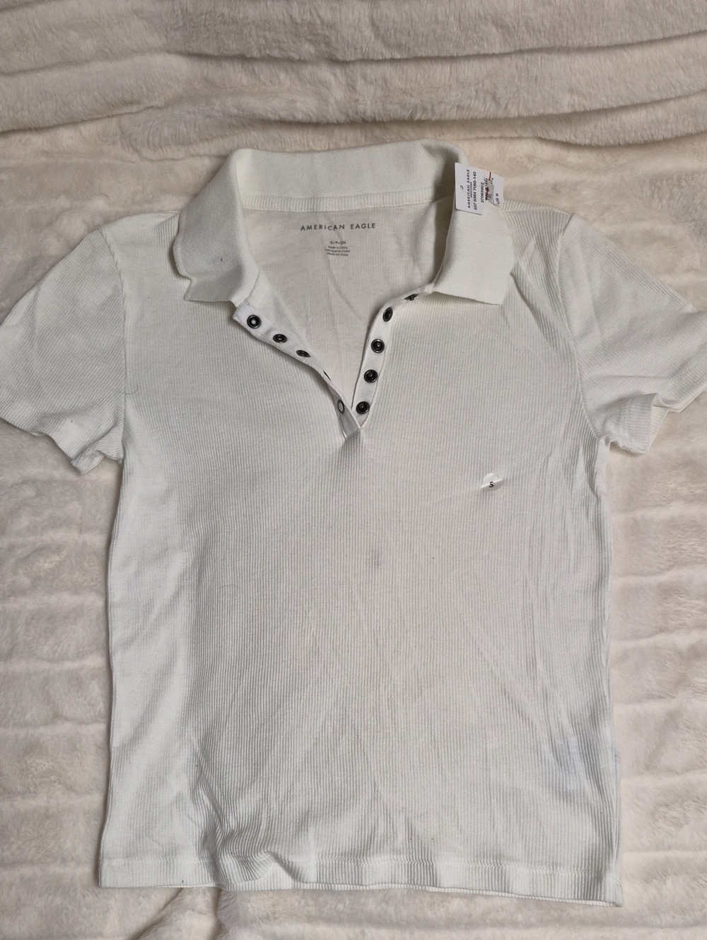 American Eagle Outfitters Men's Cream Ribbed Polo with Button Placket
